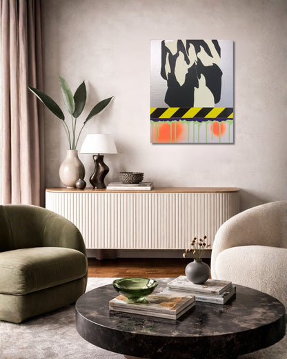 PTG 082714_d von Jens Joneleit, Mixed‑Media‑Unikat auf Leinwand 50 × 40 cm; silbrige Oberzone mit reliefiertem Schwarz/Elfenbein‑Formkörper; schwarz‑gelbes Signalband; darunter neon‑grüne Vertikalläufe und zwei orangefarbene Halos | ARTSPACER