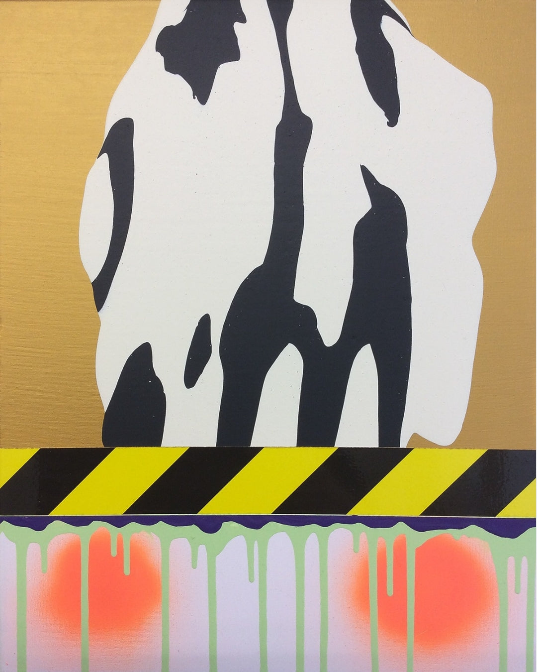 PTG 082714_e von Jens Joneleit, Mixed‑Media‑Unikat auf Leinwand 50 × 40 cm; goldener Obergrund mit reliefiertem Schwarz/Elfenbein‑Formkörper, schwarz‑gelbes Signalband; darunter vertikale Neon‑Grün‑Läufe und zwei Orange‑Halos | ARTSPACER