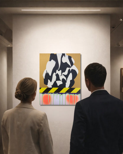 PTG 082714_f von Jens Joneleit, Mixed‑Media‑Unikat auf Leinwand 50 × 40 cm; goldene Oberzone mit reliefiertem Schwarz/Elfenbein‑Formkörper; schwarz‑gelbes Signalband; darunter neon‑grüne Vertikalläufe und orangefarbene Halos | ARTSPACER