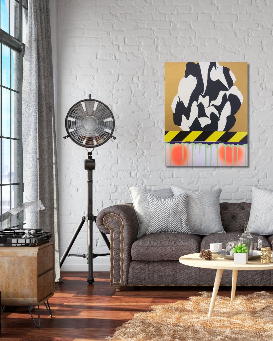 PTG 082714_f von Jens Joneleit, Mixed‑Media‑Unikat auf Leinwand 50 × 40 cm; goldene Oberzone mit reliefiertem Schwarz/Elfenbein‑Formkörper; schwarz‑gelbes Signalband; darunter neon‑grüne Vertikalläufe und orangefarbene Halos | ARTSPACER