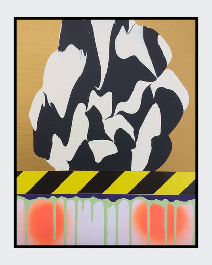 PTG 082714_f von Jens Joneleit, Mixed‑Media‑Unikat auf Leinwand 50 × 40 cm; goldene Oberzone mit reliefiertem Schwarz/Elfenbein‑Formkörper; schwarz‑gelbes Signalband; darunter neon‑grüne Vertikalläufe und orangefarbene Halos | ARTSPACER