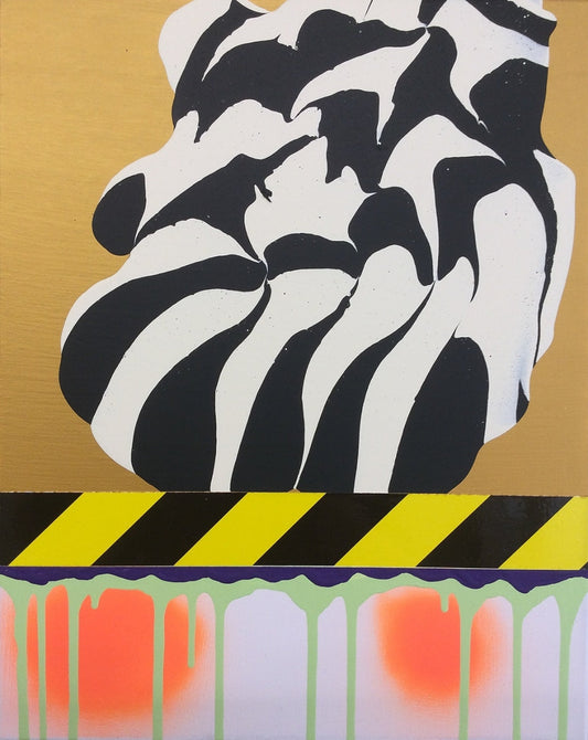 PTG 082714_g von Jens Joneleit, Mixed‑Media‑Unikat auf Leinwand 50 × 40 cm; goldene Oberzone mit reliefiertem Schwarz/Elfenbein‑Formkörper, schwarz‑gelbe Schwelle; darunter vertikale Neon‑Grün‑Läufe und orangefarbene Halos | ARTSPACER