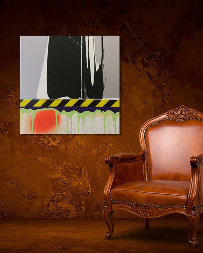 SLOUCH von Jens Joneleit, Mixed‑Media‑Unikat auf Leinwand 70 × 70 cm; abstrakte Konstruktion trifft prozessuale Farbarbeit, klare Oberzone und dynamische Unterzone | ARTSPACER