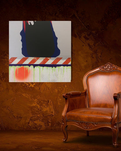 SLOUCH von Jens Joneleit, Mixed‑Media‑Unikat auf Leinwand 70 × 70 cm; abstrakte Konstruktion trifft prozessuale Farbarbeit, klare Oberzone und dynamische Unterzone | ARTSPACER