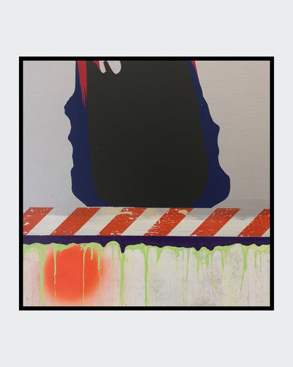 SLOUCH von Jens Joneleit, Mixed‑Media‑Unikat auf Leinwand 70 × 70 cm; abstrakte Konstruktion trifft prozessuale Farbarbeit, klare Oberzone und dynamische Unterzone | ARTSPACER