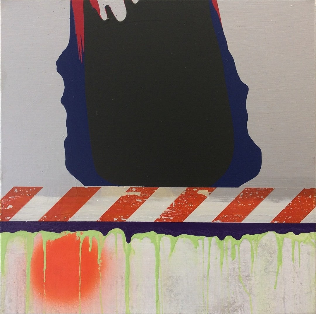 SLOUCH von Jens Joneleit, Mixed‑Media‑Unikat auf Leinwand 70 × 70 cm; abstrakte Konstruktion trifft prozessuale Farbarbeit, klare Oberzone und dynamische Unterzone | ARTSPACER