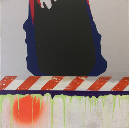 SLOUCH von Jens Joneleit, Mixed‑Media‑Unikat auf Leinwand 70 × 70 cm; abstrakte Konstruktion trifft prozessuale Farbarbeit, klare Oberzone und dynamische Unterzone | ARTSPACER