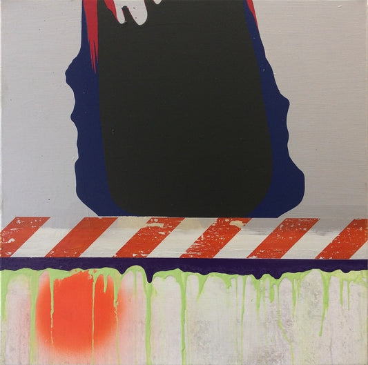 SLOUCH von Jens Joneleit, Mixed‑Media‑Unikat auf Leinwand 70 × 70 cm; abstrakte Konstruktion trifft prozessuale Farbarbeit, klare Oberzone und dynamische Unterzone | ARTSPACER