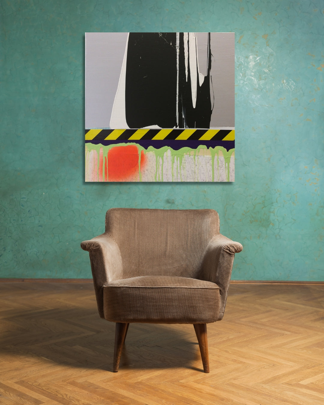 SLUG von Jens Joneleit, Mixed‑Media‑Unikat auf Leinwand 70 × 70 cm; strenger Schwarz‑Weiß‑Block über signalhaftem Band, darunter neonfarbene Läufe und orangefarbener Halo | ARTSPACER