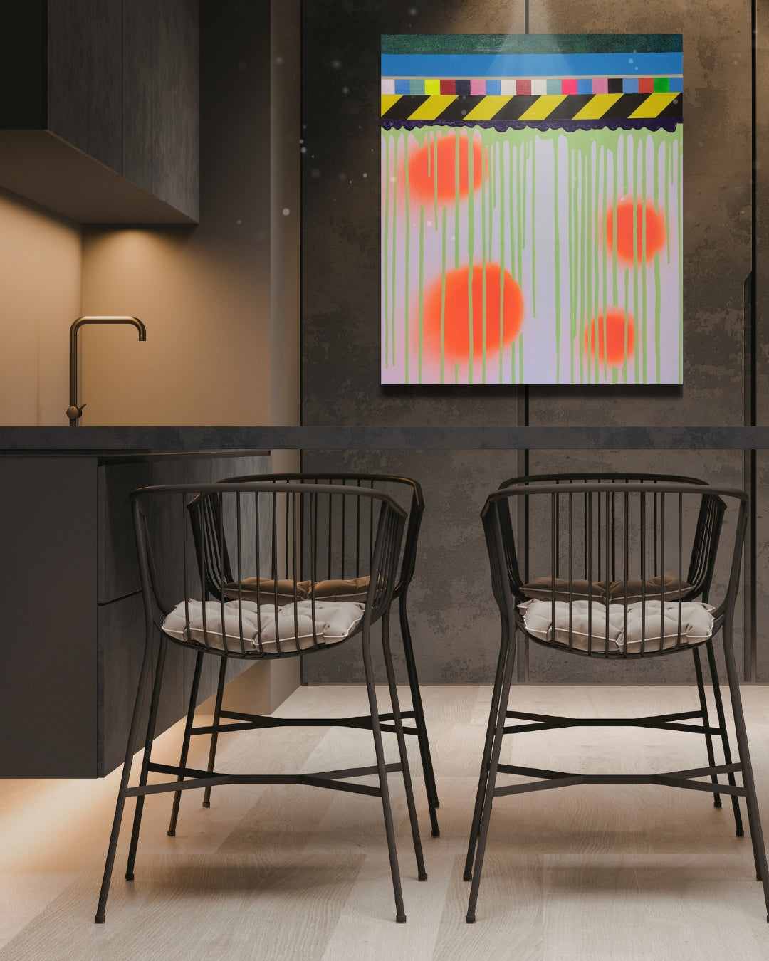 UNDONE 01 von Jens Joneleit, Mixed‑Media‑Unikat auf Leinwand 70 × 60 cm; Farbregister und schwarz‑gelbes Signalband oben, neon‑grüne Läufe, orangefarbene Halos unten | ARTSPACER