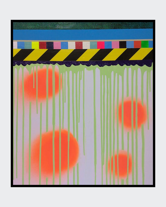 UNDONE 01 von Jens Joneleit, Mixed‑Media‑Unikat auf Leinwand 70 × 60 cm; Farbregister und schwarz‑gelbes Signalband oben, neon‑grüne Läufe, orangefarbene Halos unten | ARTSPACER