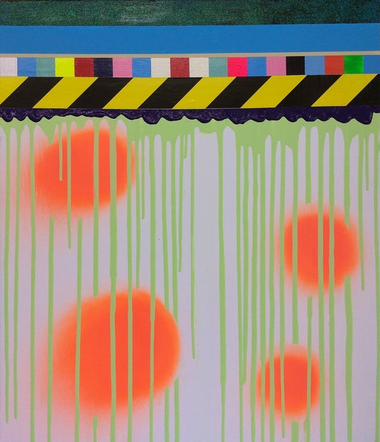 UNDONE 01 von Jens Joneleit, Mixed‑Media‑Unikat auf Leinwand 70 × 60 cm; Farbregister und schwarz‑gelbes Signalband oben, neon‑grüne Läufe, orangefarbene Halos unten | ARTSPACER