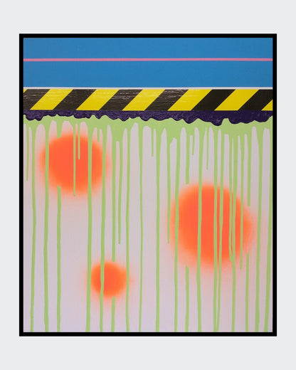 UNDONE 03 von Jens Joneleit, Mixed‑Media‑Unikat auf Leinwand 70 × 60 cm; blauer Balken mit pinker Linie, schwarz‑gelbes Signalband, neon‑grüne Läufe, drei orangefarbene Halos | ARTSPACER
