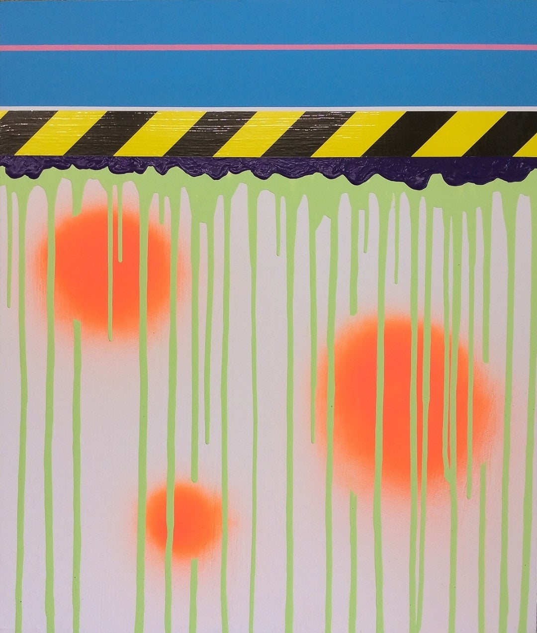 UNDONE 03 von Jens Joneleit, Mixed‑Media‑Unikat auf Leinwand 70 × 60 cm; blauer Balken mit pinker Linie, schwarz‑gelbes Signalband, neon‑grüne Läufe, drei orangefarbene Halos | ARTSPACER