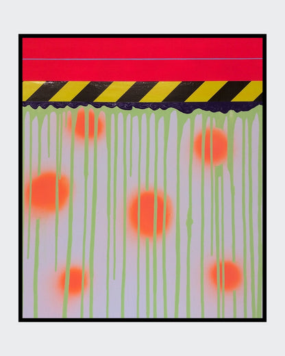 UNDONE 05 von Jens Joneleit, Mixed‑Media‑Unikat auf Leinwand 70 × 60 cm; rotes Ober‑Register mit feiner Linie, schwarz‑gelbes Signalband, reliefierte Abschlusskante; darunter neon‑grüne Farbläufe und fünf orangefarbene Halos auf hellem Grund | ARTSPACER