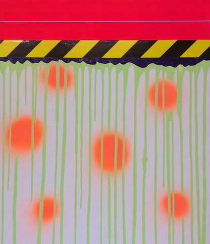 UNDONE 05 von Jens Joneleit, Mixed‑Media‑Unikat auf Leinwand 70 × 60 cm; rotes Ober‑Register mit feiner Linie, schwarz‑gelbes Signalband, reliefierte Abschlusskante; darunter neon‑grüne Farbläufe und fünf orangefarbene Halos auf hellem Grund | ARTSPACER