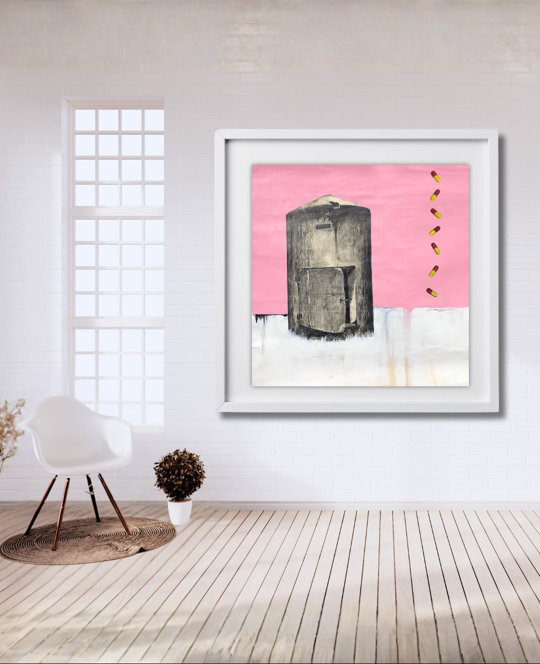 UNTITLED 01 von Jens Joneleit, Mixed‑Media‑Unikat auf Papier 138 × 135 cm; großes grauschwarzes Körper‑Motiv links auf rosa Grund, unten weißes Farbfeld; rechts vertikale Folge rot‑gelber, kapselartiger Zeichen | ARTSPACER