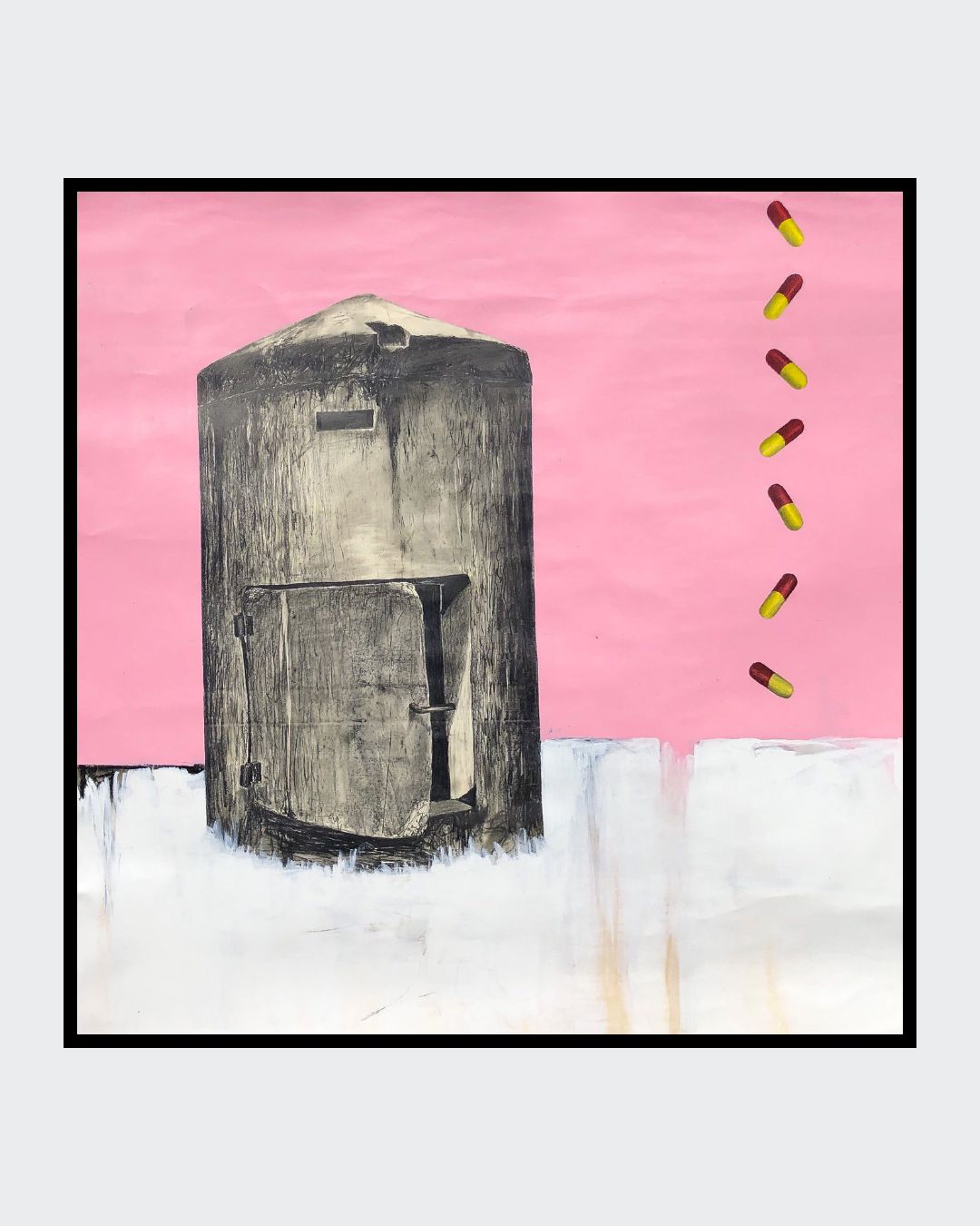 UNTITLED 01 von Jens Joneleit, Mixed‑Media‑Unikat auf Papier 138 × 135 cm; großes grauschwarzes Körper‑Motiv links auf rosa Grund, unten weißes Farbfeld; rechts vertikale Folge rot‑gelber, kapselartiger Zeichen | ARTSPACER