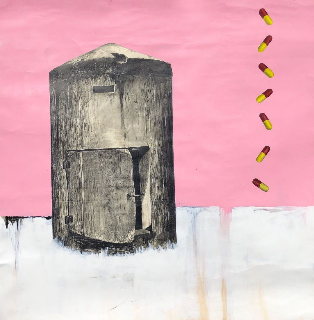 UNTITLED 01 von Jens Joneleit, Mixed‑Media‑Unikat auf Papier 138 × 135 cm; großes grauschwarzes Körper‑Motiv links auf rosa Grund, unten weißes Farbfeld; rechts vertikale Folge rot‑gelber, kapselartiger Zeichen | ARTSPACER