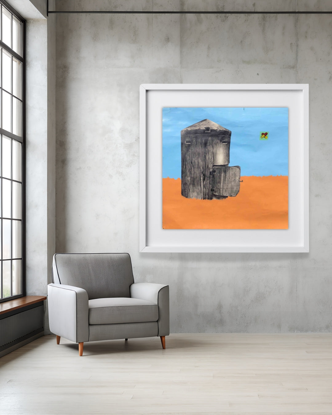 UNTITLED 03 von Jens Joneleit, Mixed‑Media‑Unikat auf Papier 138 × 135 cm; zentral ein großer, grafitgrauer, zylindrischer Korpus mit aufgeklapptem Flügel; oben weite Himmelszone in Blau, unten ruhiges Bodenfeld in Orange; rechts kleines farbiges Zeichenquadrat | ARTSPACER