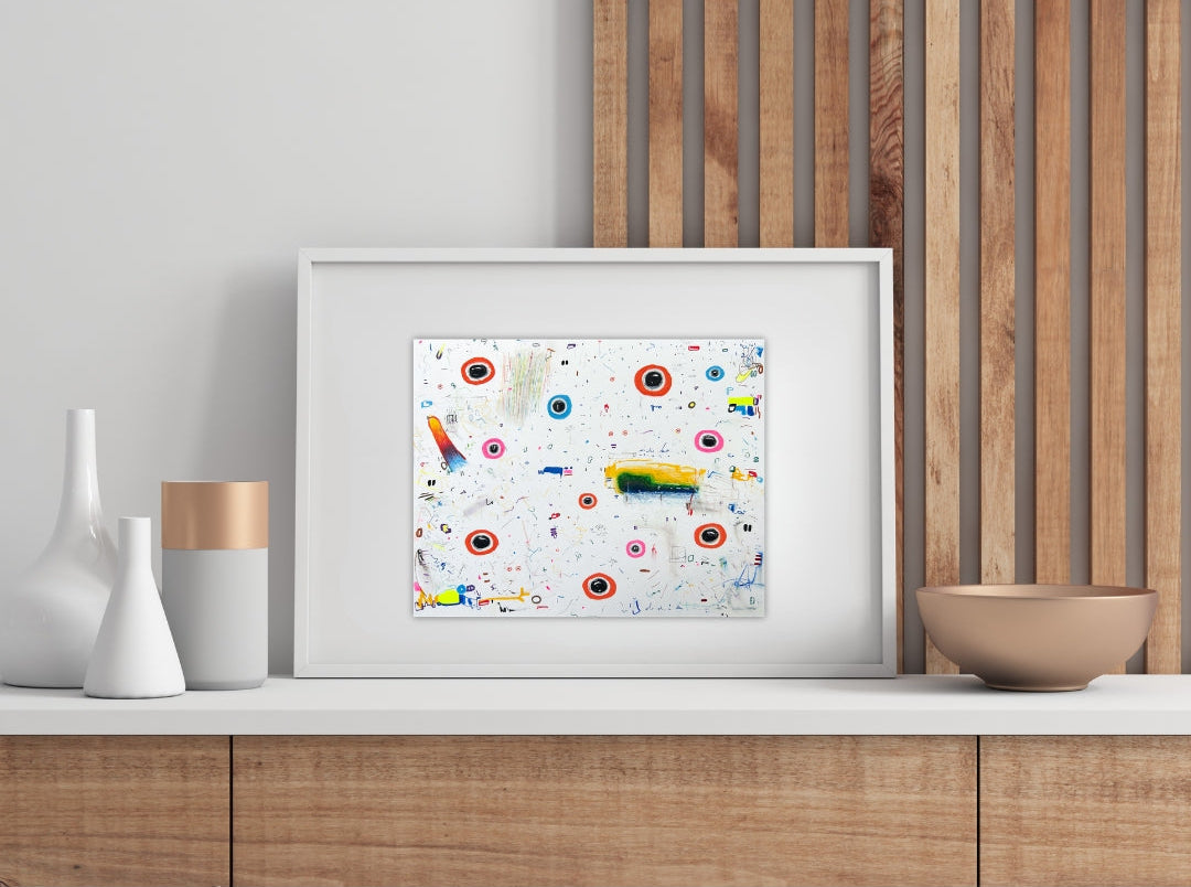 UR4C 01 von Jens Joneleit, Mixed‑Media‑Unikat auf Papier 24 × 30 cm, abstrakte farbintensive Texturen, gestische Linien und vielschichtige Komposition im Querformat | ARTSPACER