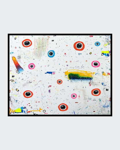 UR4C 01 von Jens Joneleit, Mixed‑Media‑Unikat auf Papier 24 × 30 cm, abstrakte farbintensive Texturen, gestische Linien und vielschichtige Komposition im Querformat | ARTSPACER