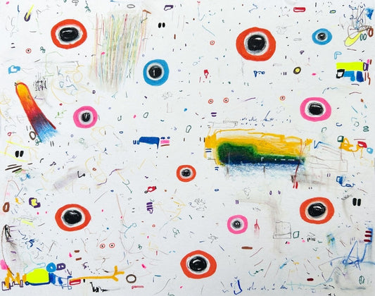 UR4C 01 von Jens Joneleit, Mixed‑Media‑Unikat auf Papier 24 × 30 cm, abstrakte farbintensive Texturen, gestische Linien und vielschichtige Komposition im Querformat | ARTSPACER