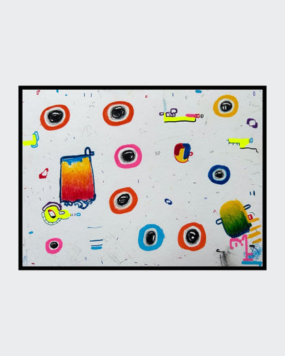 UR4C 02 von Jens Joneleit, Mixed‑Media‑Unikat auf Papier 18 × 24 cm, abstrakte dynamische Linienführung, farbige Akzente und strukturierte Komposition im Kleinformat | ARTSPACER