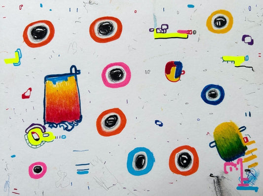 UR4C 02 von Jens Joneleit, Mixed‑Media‑Unikat auf Papier 18 × 24 cm, abstrakte dynamische Linienführung, farbige Akzente und strukturierte Komposition im Kleinformat | ARTSPACER