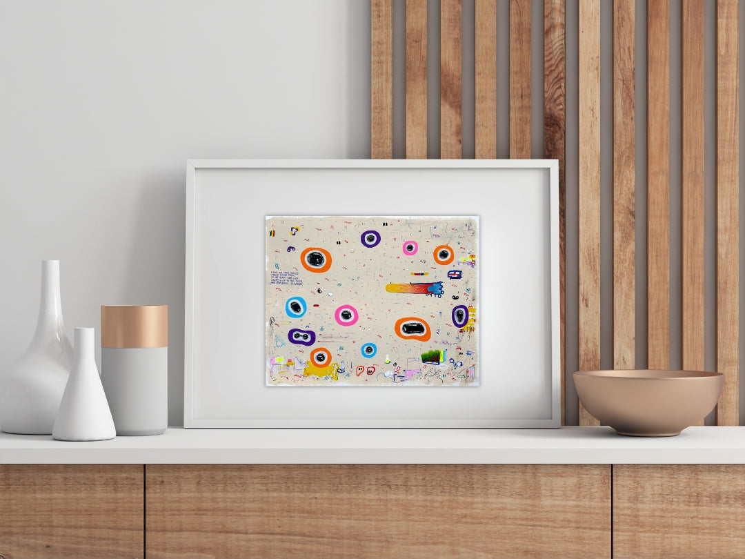 UR4C 03 von Jens Joneleit, Mixed‑Media‑Unikat auf Papier 24 × 30 cm, abstrakte dynamische Linien, farbige Schichtungen und gestische Komposition im Querformat | ARTSPACER