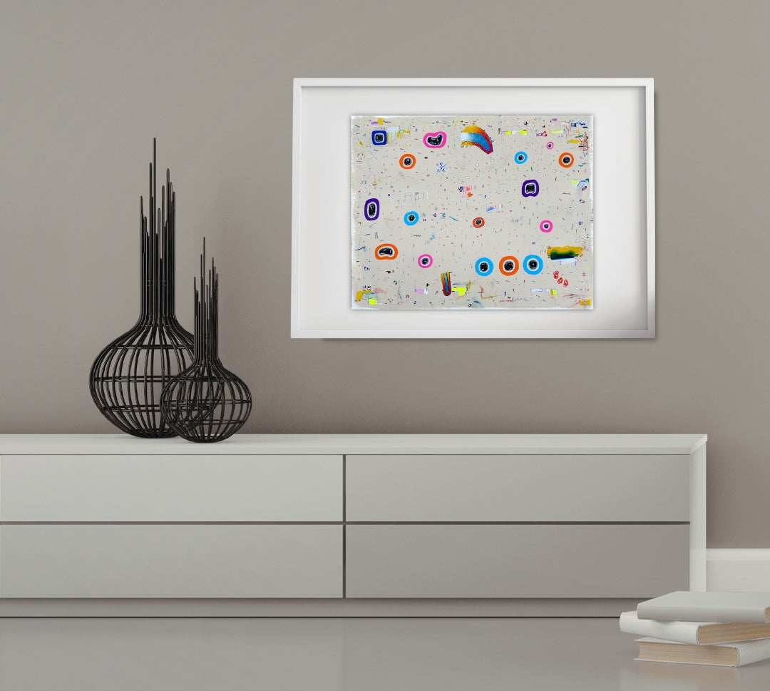 UR4C 04 von Jens Joneleit, Mixed‑Media‑Unikat auf Papier 40 × 50 cm, abstrakte Linien, strukturierte Schichten und farbige Akzente in raumwirksamem Format | ARTSPACER