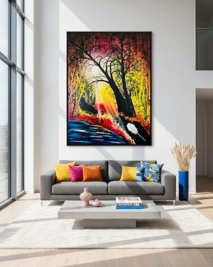 Ölgemälde "Engelsweg im Wald" von Kaja Schäfer zeigt einen schmalen Weg durch einen dichten Wald, der von Sonnenlicht durchflutet wird.