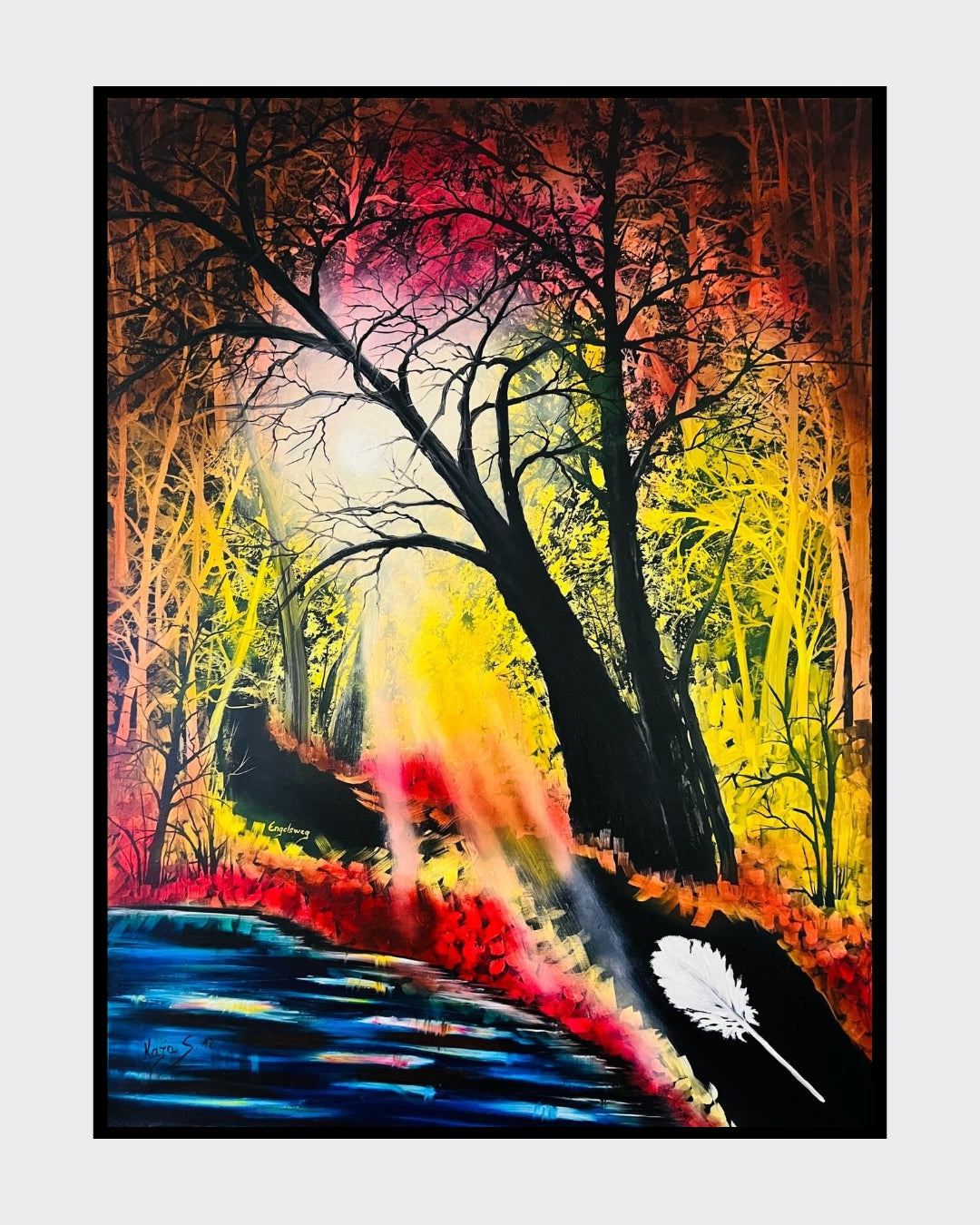 Ölgemälde "Engelsweg im Wald" von Kaja Schäfer zeigt einen schmalen Weg durch einen dichten Wald, der von Sonnenlicht durchflutet wird.