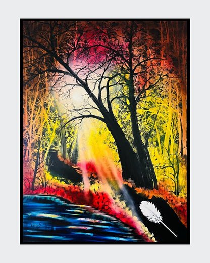 Ölgemälde "Engelsweg im Wald" von Kaja Schäfer zeigt einen schmalen Weg durch einen dichten Wald, der von Sonnenlicht durchflutet wird.