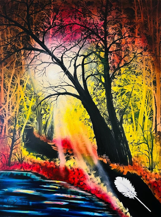 Ölgemälde "Engelsweg im Wald" von Kaja Schäfer zeigt einen schmalen Weg durch einen dichten Wald, der von Sonnenlicht durchflutet wird.