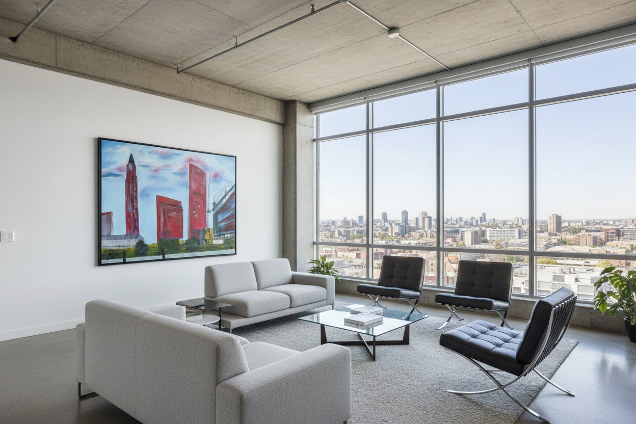 Ölgemälde "Frankfurt am Main" von Kaja Schäfer. Die Skyline der Stadt ist in leuchtenden Farben und dynamischen Pinselstrichen dargestellt.