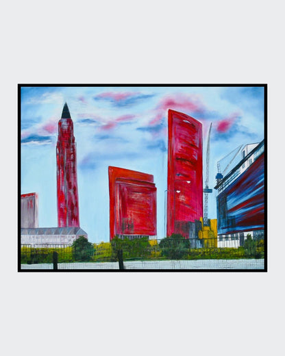 Ölgemälde "Frankfurt am Main" von Kaja Schäfer. Die Skyline der Stadt ist in leuchtenden Farben und dynamischen Pinselstrichen dargestellt.