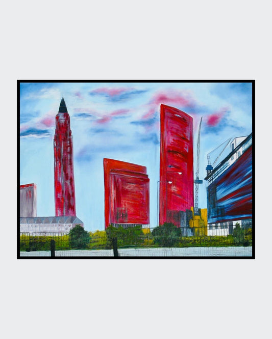 Ölgemälde "Frankfurt am Main" von Kaja Schäfer. Die Skyline der Stadt ist in leuchtenden Farben und dynamischen Pinselstrichen dargestellt.