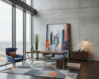 Ölgemälde von Kaja Schäfer, 'Gegen Ausbeutung und Unterdrückung', zeigt eine große Hand, die eine kleine, knieende Figur zerquetscht. Die Komposition ist in gedämpften Farben gehalten und symbolisiert die brutale Realität von Unterdrückung und Ausbeutung.