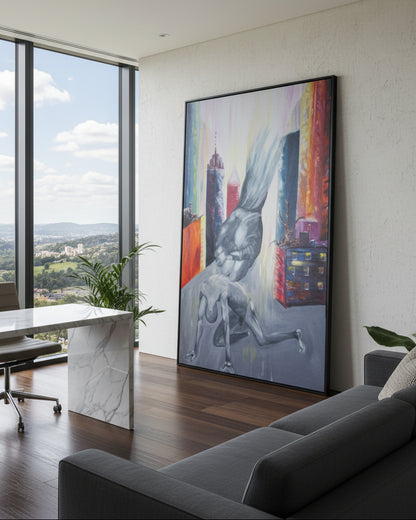 Ölgemälde von Kaja Schäfer, 'Gegen Ausbeutung und Unterdrückung', zeigt eine große Hand, die eine kleine, knieende Figur zerquetscht. Die Komposition ist in gedämpften Farben gehalten und symbolisiert die brutale Realität von Unterdrückung und Ausbeutung.