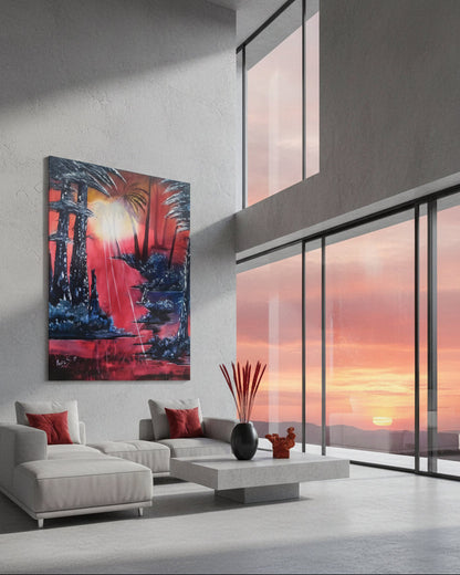 Ölgemälde "Sonnenuntergang" von Kaja Schäfer zeigt einen Abendhimmel in intensiven Rottönen, der von dunklen Baum-Silhouetten im Vordergrund begrenzt wird.