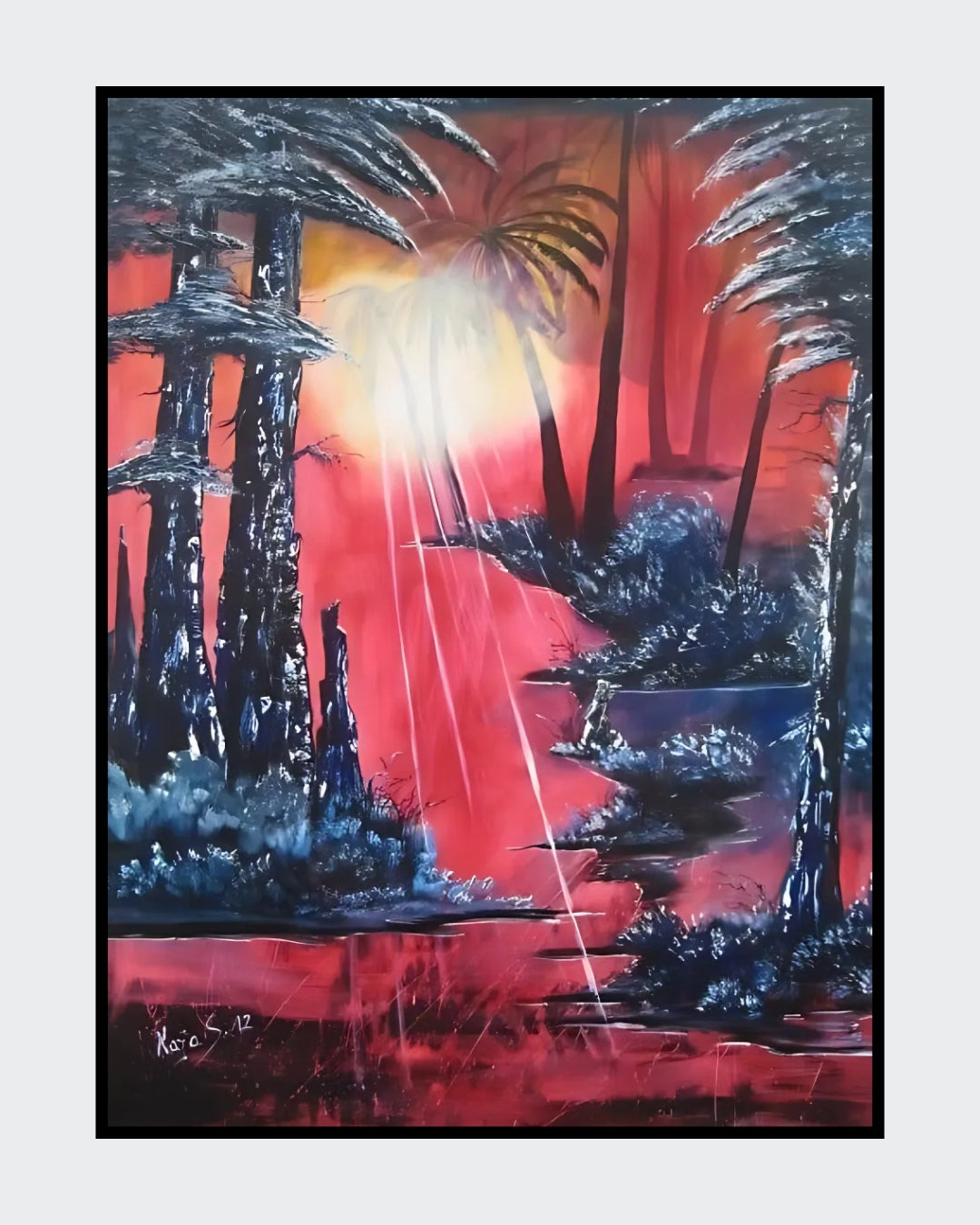 Ölgemälde "Sonnenuntergang" von Kaja Schäfer zeigt einen Abendhimmel in intensiven Rottönen, der von dunklen Baum-Silhouetten im Vordergrund begrenzt wird.