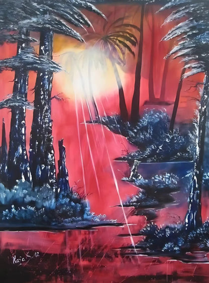 Ölgemälde "Sonnenuntergang" von Kaja Schäfer zeigt einen Abendhimmel in intensiven Rottönen, der von dunklen Baum-Silhouetten im Vordergrund begrenzt wird.