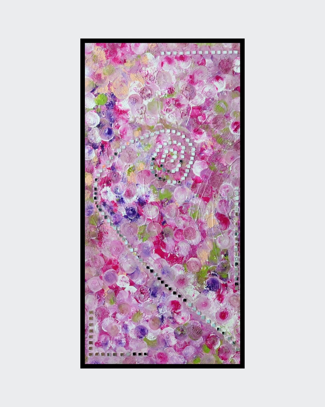Abstraktes Gemälde "Der Duft der Blumen" (100x50 cm) von Kirsten Kohrt: ein hochschwingendes Blütenmeer in Mischtechnik mit Acryl, Nelkenpigmenten und Collageelementen wie Spiegelfliesen, indischen Stempel- und Schweizer Spitzenstrukturen. Horizontal oder vertikal auf Leinwand.