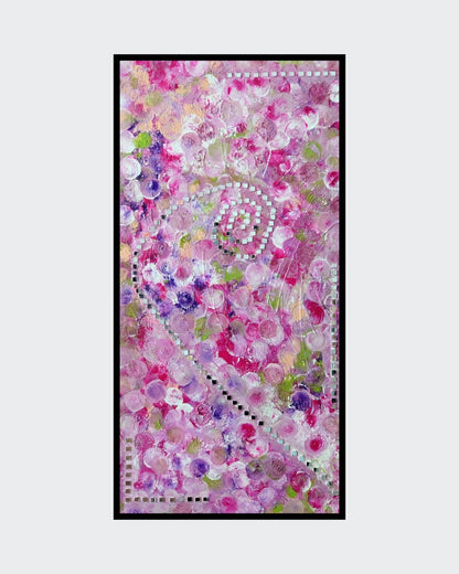 Abstraktes Gemälde "Der Duft der Blumen" (100x50 cm) von Kirsten Kohrt: ein hochschwingendes Blütenmeer in Mischtechnik mit Acryl, Nelkenpigmenten und Collageelementen wie Spiegelfliesen, indischen Stempel- und Schweizer Spitzenstrukturen. Horizontal oder vertikal auf Leinwand.