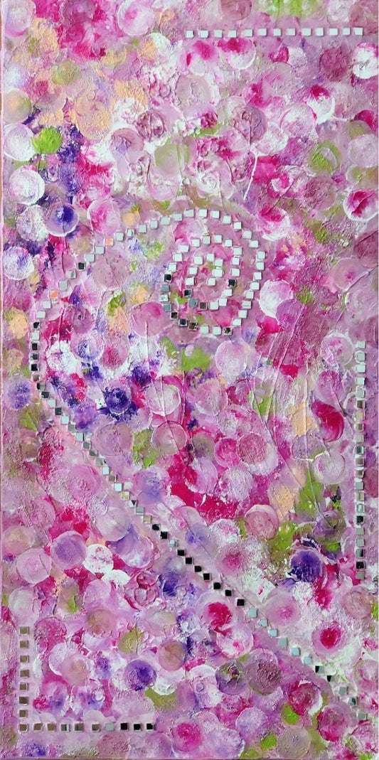 Abstraktes Gemälde "Der Duft der Blumen" (100x50 cm) von Kirsten Kohrt: ein hochschwingendes Blütenmeer in Mischtechnik mit Acryl, Nelkenpigmenten und Collageelementen wie Spiegelfliesen, indischen Stempel- und Schweizer Spitzenstrukturen. Horizontal oder vertikal auf Leinwand.