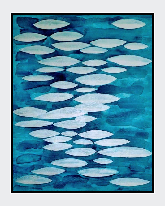 Der Schwarm“ – Mischtechnik auf Leinwand, 100 × 80 cm; organische Zell-/Schwarmstruktur mit perlmuttartigem Schimmer.