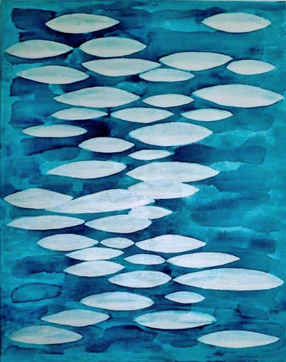 Der Schwarm“ – Mischtechnik auf Leinwand, 100 × 80 cm; organische Zell-/Schwarmstruktur mit perlmuttartigem Schimmer.