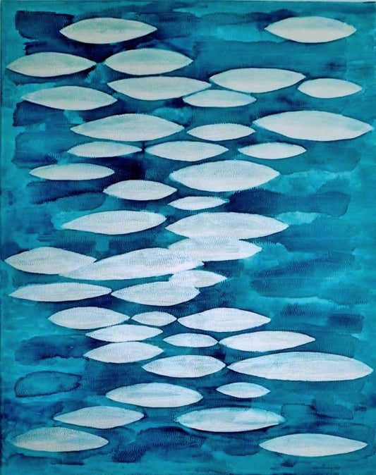 Der Schwarm“ – Mischtechnik auf Leinwand, 100 × 80 cm; organische Zell-/Schwarmstruktur mit perlmuttartigem Schimmer.