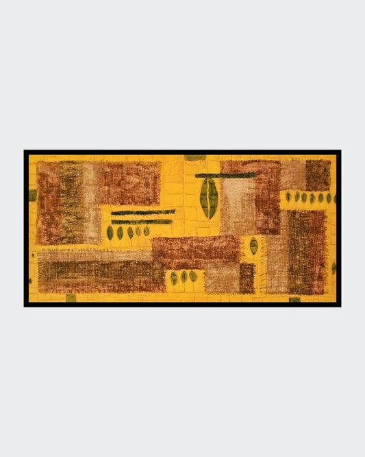 „Element Erde“ – Mischtechnik (Jute/Acryl/Aquarell) auf Leinwand, 50 x 100  cm; archaisch‑erdige Struktur.